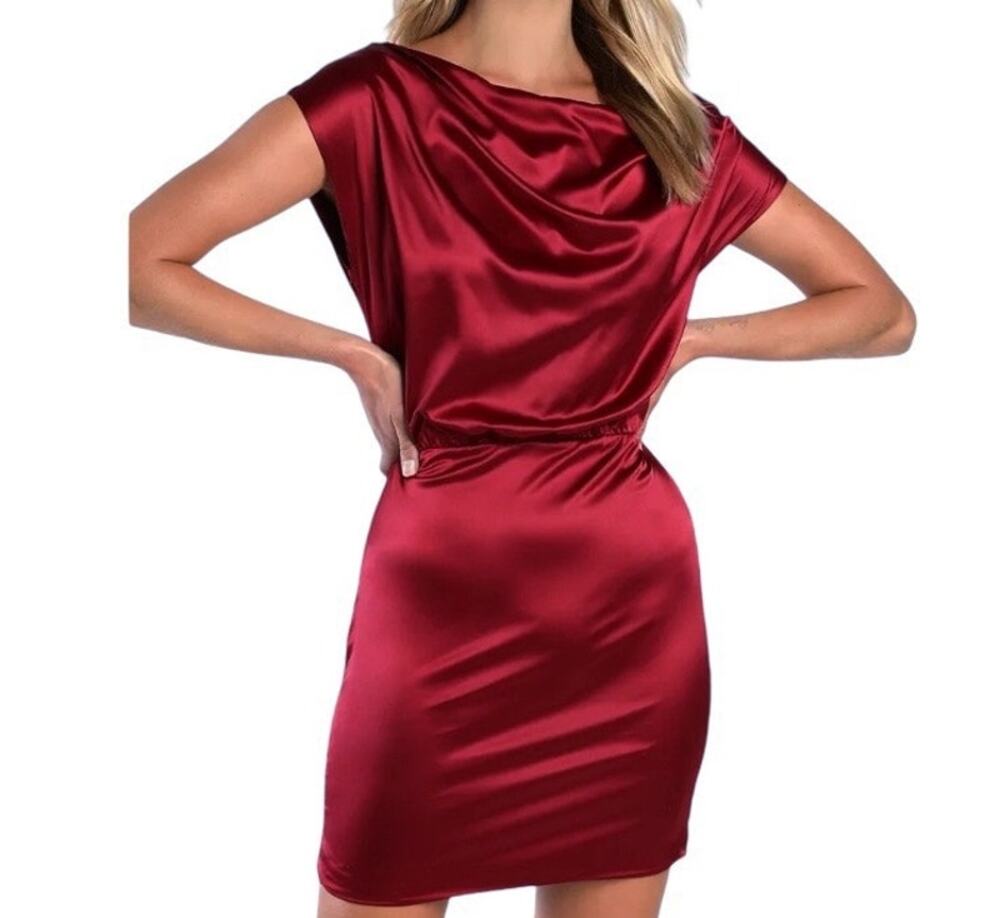 NWT Lulus Utter Obsession Burgundy Red Satin Boat Neck Mini Dress Size Small